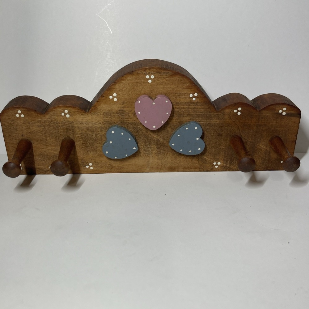 Vintage Painted Wooden Heart Peg Shelf Hanging Rack Knobs